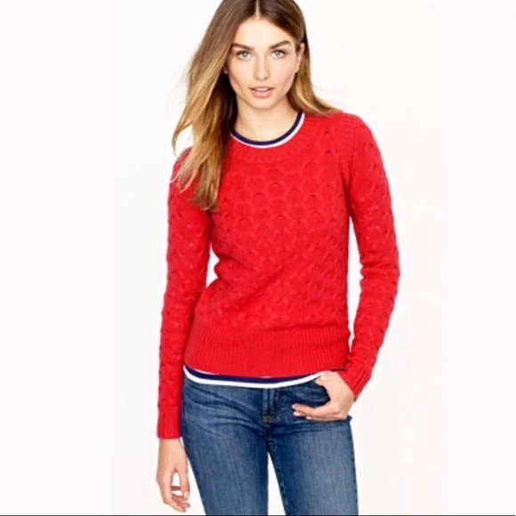 J. CREW Red Honeycomb Sweater Cable Knit Wool Blends Classic Poppy Pullover - Picture 4 of 8
